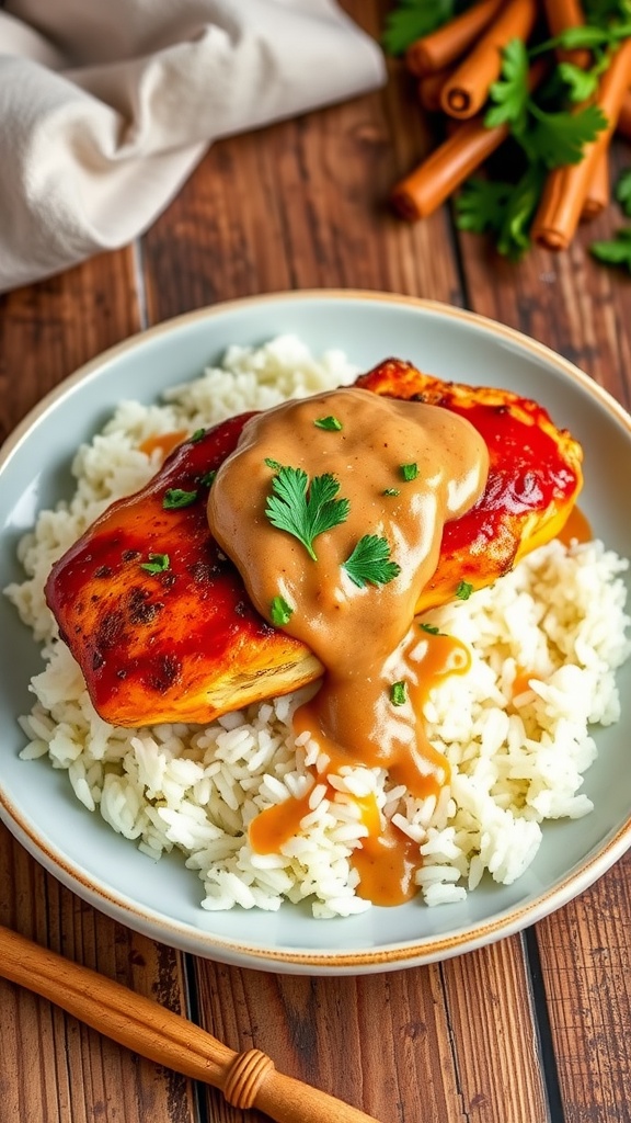 Spicy Cajun Chicken with Creamy Chicken Sauce Spicy Cajun chicken with creamy sauce over rice, garnished with parsley on a rustic table.